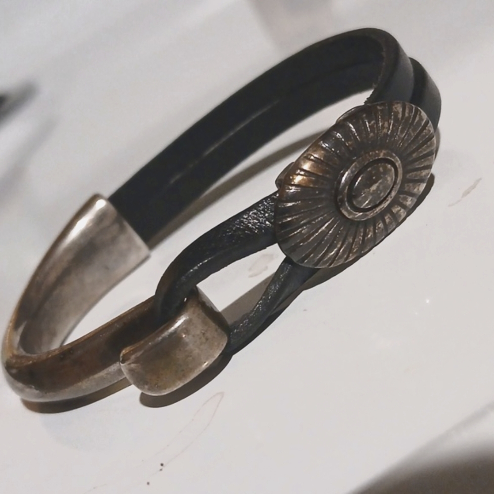 Split Leather And Silver Sunburst Half N Half Bracelet BEAUTIFUL